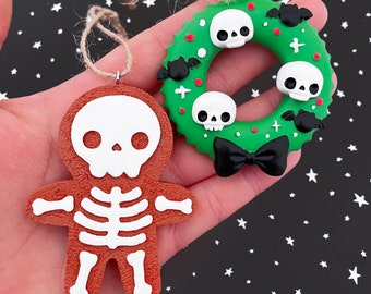 Spooky Christmas Tree Ornaments - Gingerbread Skeleton or Spooky Wreath - Your Choice