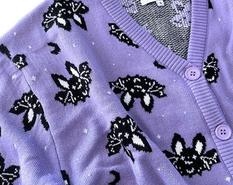 Lavender Bats Knit Cardigan Sweater - Ladies Sizes S-3X