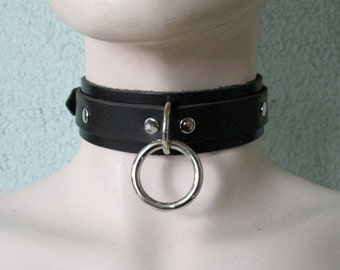 Black Leather Bondage Collar Choker W 1 Ring And D Ring Three Sizes Black Leather Bondage Collar Choker W 1 Ring And D Ring Three Sizes