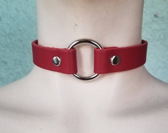 Red Leather Bondage  Collar Choker w/ One Capture Ring