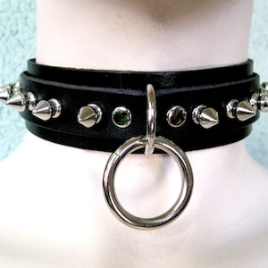Black Leather Bondage Collar Choker w/ 1 Ring and D Ring and Spikes, Three Sizes