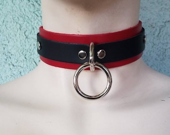 Black and Red Leather Choker Collar, With One Heavy Duty Nickel Plated Ring And D Ring