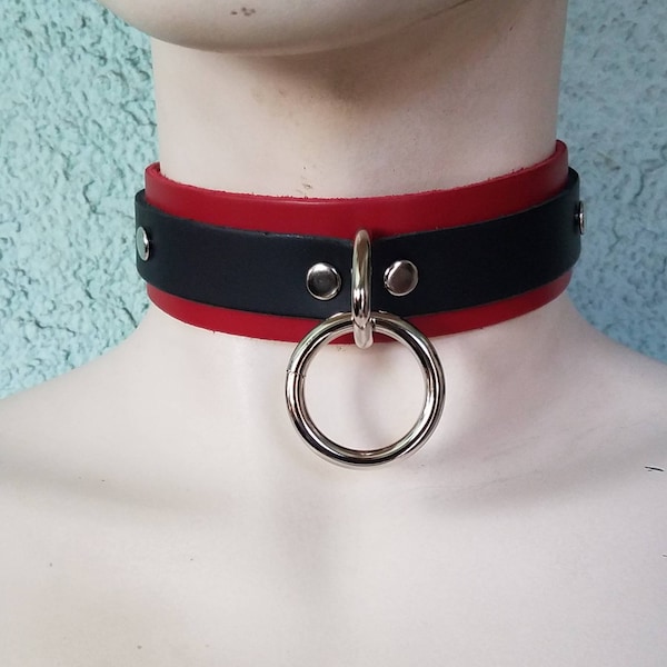 Black and Red Leather Choker Collar, With One Heavy Duty Nickel Plated Ring And D Ring