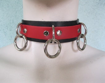 Red and Black Leather Bondage Collar, With Three  Nickel Plated Rings and D Rings