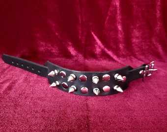 Black Leather Wristband w/ Two Rows of Alternating Spikes and Rivets