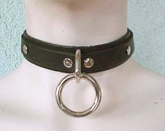 Black Leather Locking Collar Choker With One Ring And A Locking Buckle, Lock Included