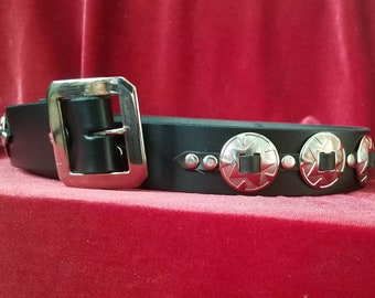 Black Leather Concho Belt, Cow Punk, Western 1 1/2&quot; Inch Wide With Removable Buckle