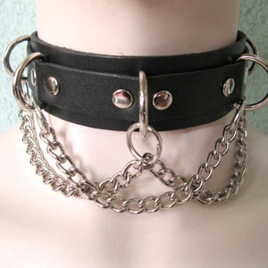 Black Leather Choker Collar with 5 D Rings and Chain