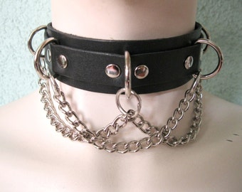 Black Leather Choker Collar with 5 D Rings and Chain