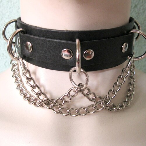 Leather Metal Chain Choker Collar With Two Chain and Etsy