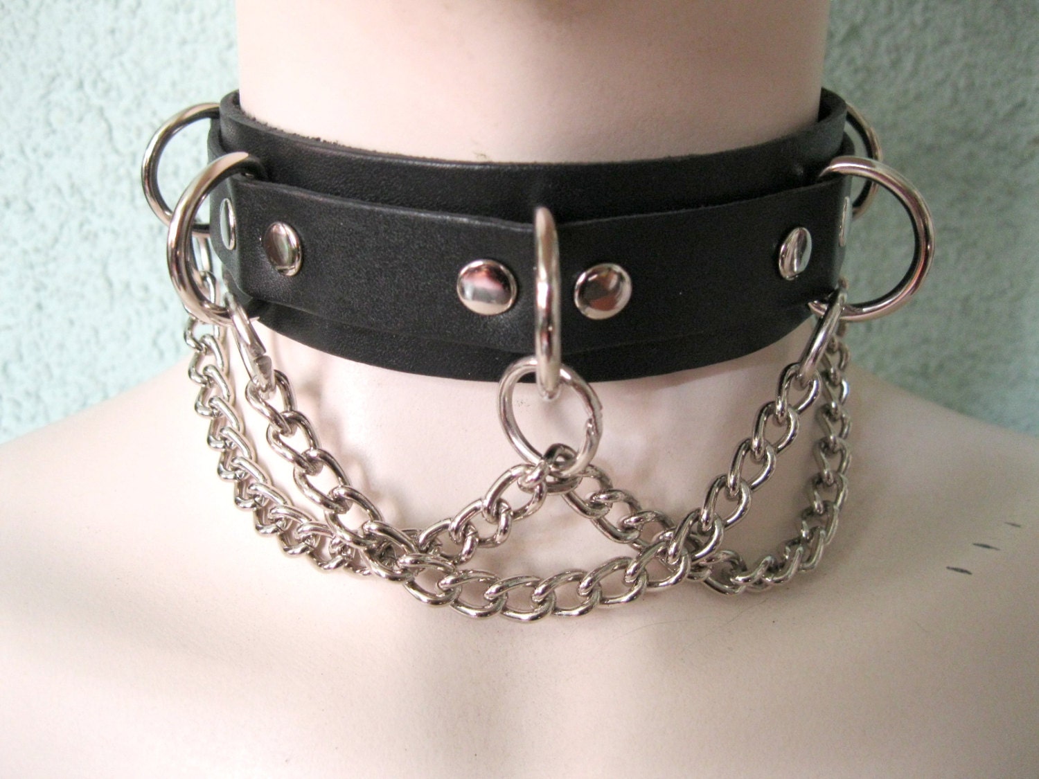 Black Leather Choker Collar With 5 D Rings and Chain Etsy