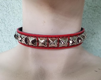 Red Vegan Choker with A Single Row of Pyramid Studs