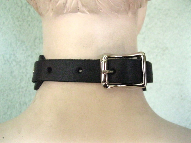 Black Leather Choker, Collar, w/ Spikes and Chain image 2