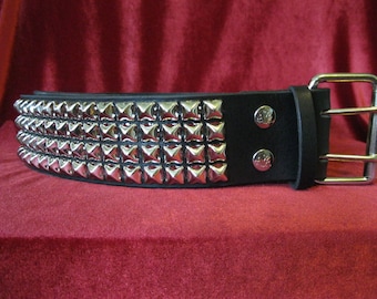 Black Leather Belt with 4 Rows Nickel Plated Pyramid Studs