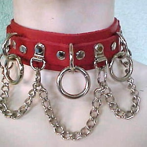 Red Leather Collar, Fetish Choker w/ 3 Rings + Chain