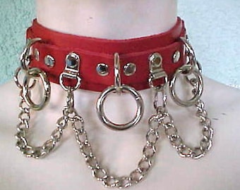 Red Leather Collar, Fetish Choker w/ 3 Rings + Chain