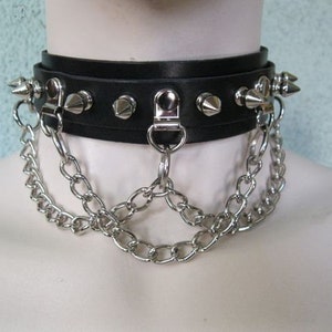 Black Leather Choker, Collar, w/ Spikes and Chain image 3