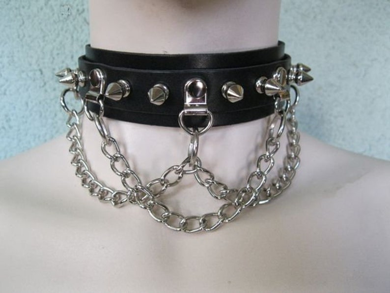 Black Leather Choker, Collar, w/ Spikes and Chain image 3