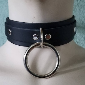 Black Leather Bondage Collar Choker w/ 1 Ring Xtra Large Ring and D Ring Three Sizes