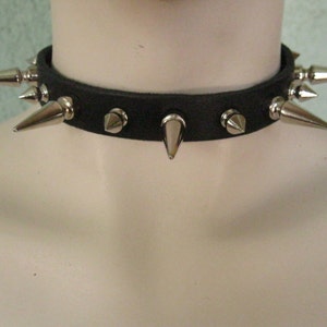 Black Leather Choker with Long and Short Spikes