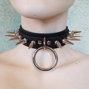 Black Leather Bondage Collar Choker w/ 1 XL Ring and D Ring and Long Spikes, Three Sizes