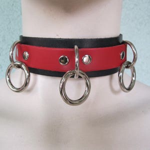 Red and Black Leather Collar, Fetish Choker 3 0 Rings