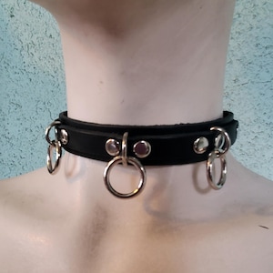 Black Leather Choker with Three O Rings Snap Fastener