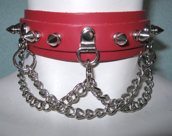 Red Leather Choker, Collar, w/ Spikes and Chain