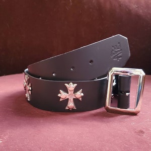 Black Leather Belt with Metal Florentine Crosses