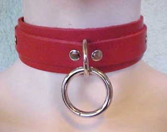 Red Leather Choker Collar, With One Heavy Nickel Plated Ring And D Ring