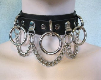 Leather Choker with Large O Rings and Chain