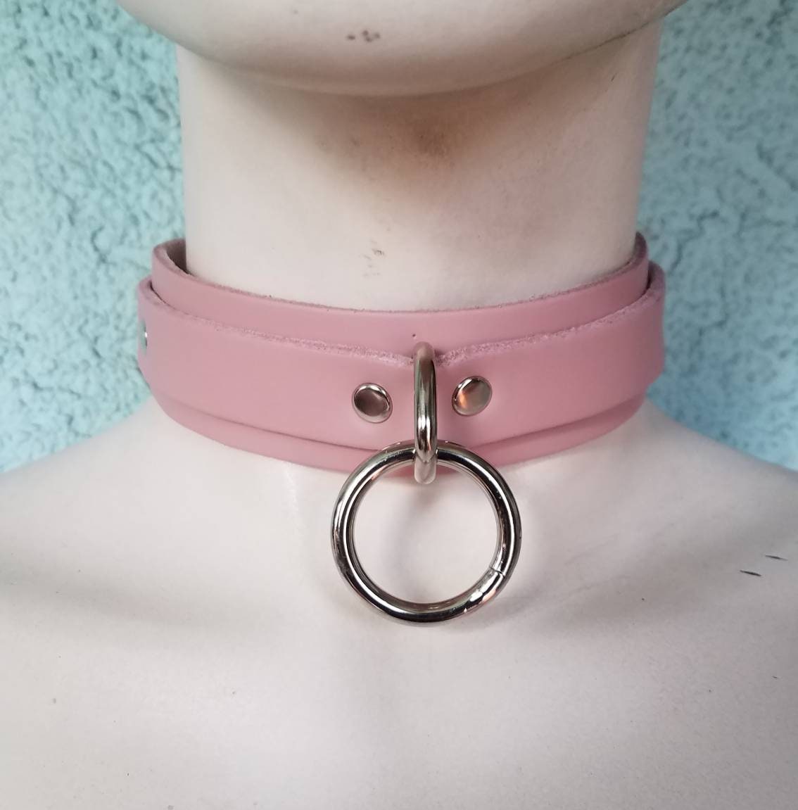 Pink Leather Collar Choker , With One Heavy Nickel Plated 0 Ring and D Ring