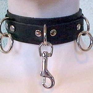 Black Leather Choker Collar, With One Nickel Plated Swivel Hook and Two 0 Rings