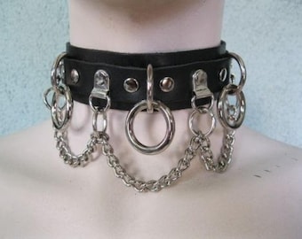 Black Leather Collar, Choker W/ 3 Rings and Chain, Buckle Fastener