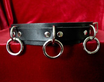 Black Leather Bondage Collar, With Three  Nickel Plated Rings and D Rings
