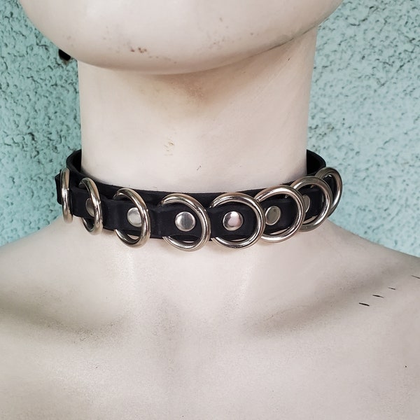 Black Leather Choker with Eight O Rings