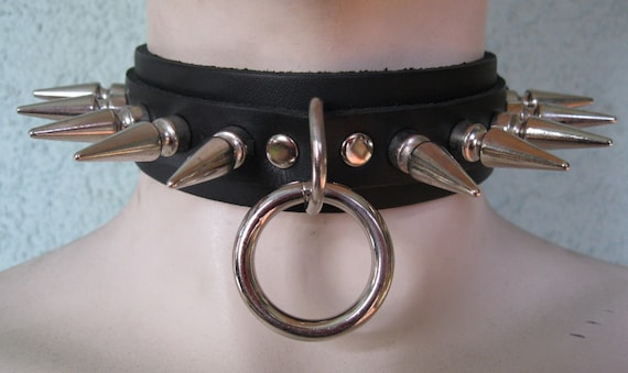 Black Leather Bondage Collar Choker W/ 1 Ring and D Ring and Long Spikes,  Three Sizes -  Sweden