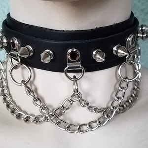 Black Leather Choker, Collar, w/ Spikes and Chain image 1