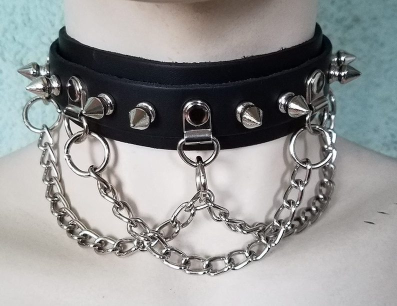 Black Leather Choker, Collar, w/ Spikes and Chain image 1