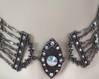 Vintage Choker Necklace Boho Silver Crystals Rivoli Eye Daisies Unusual Costume Jewelry