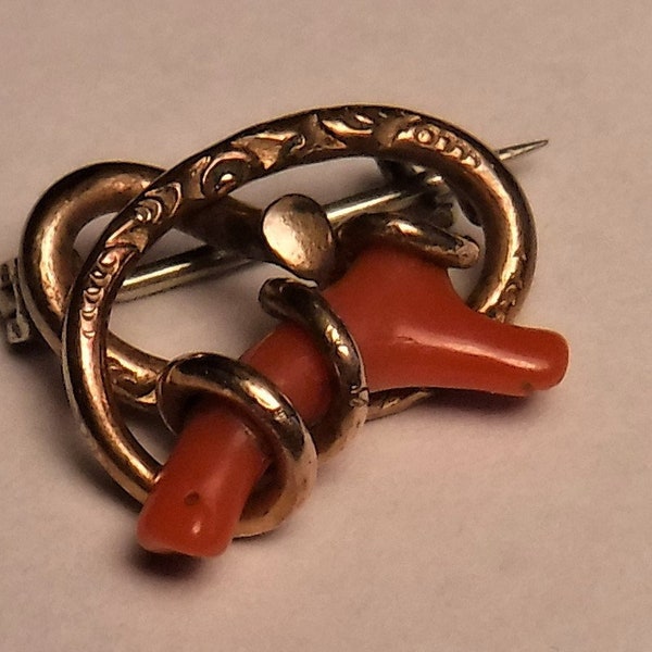 Antique Gold-filled Natural Coral Branch Knot Brooch Pin TINY Victorian Jewelry