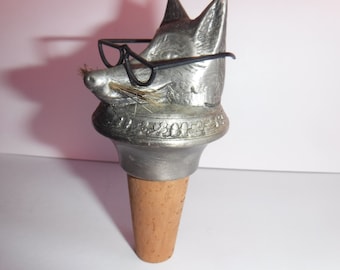 Vintage Pewter Wine Cork Stopper Wolf with Glasses Unique Bar Ware