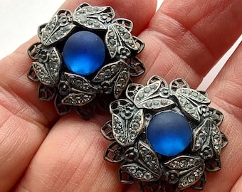 Frosted Blue Glass Rhinestone Earrings Pierced Costume Jewelry Flower Leaves RARE