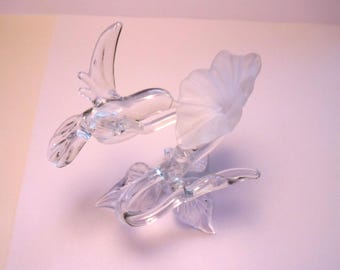 Hand Blown Glass Hummingbird Figurine Frosted Flower Sculpture Vintage Collectible
