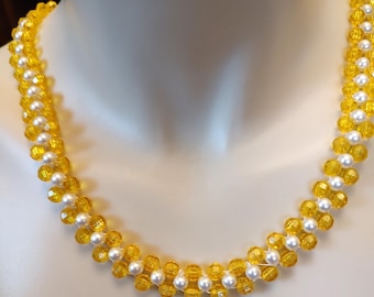 Yellow Hand Beaded Necklace 24" Lei Neck Wreath Garland Celebration Jewelry Lemon Sunshine