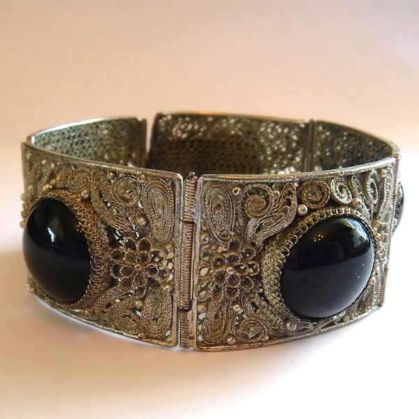 Victorian Filigree Bracelet Bezel Black Onyx Silver Cannetille Jewelry Design Antique Jewelry Cuff Panel Bracelet