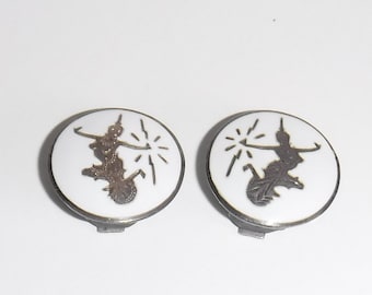 Pendientes Siam de plata esterlina con esmalte blanco, diseño de bailarinas, bisutería vintage con clip.