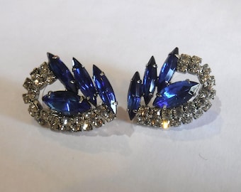 Blue and White Rhinestone Earrings Pierced Costume Jewelry Bridal Wedding Special Occasion Jewelry