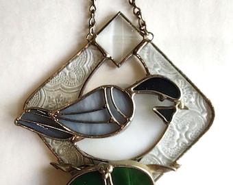Vintage Stained Glass Sun Catcher Chickadee Bird Layered Art Glass Home Decor