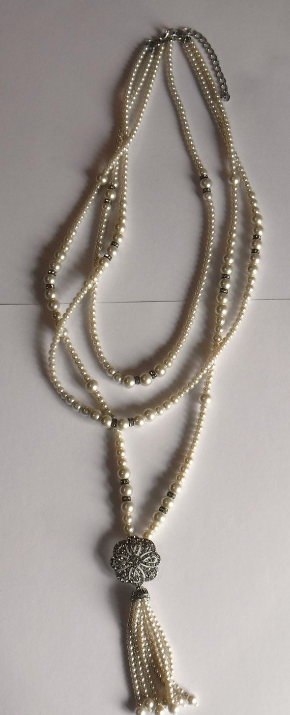 Pearl and Rhinestone Necklace Triple Strand Dangle